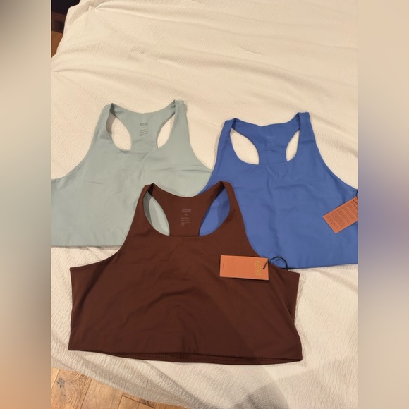 Girlfriend Collective Paloma Racerback Sports Bra Set in Brown and Blue - Picture 1 of 8